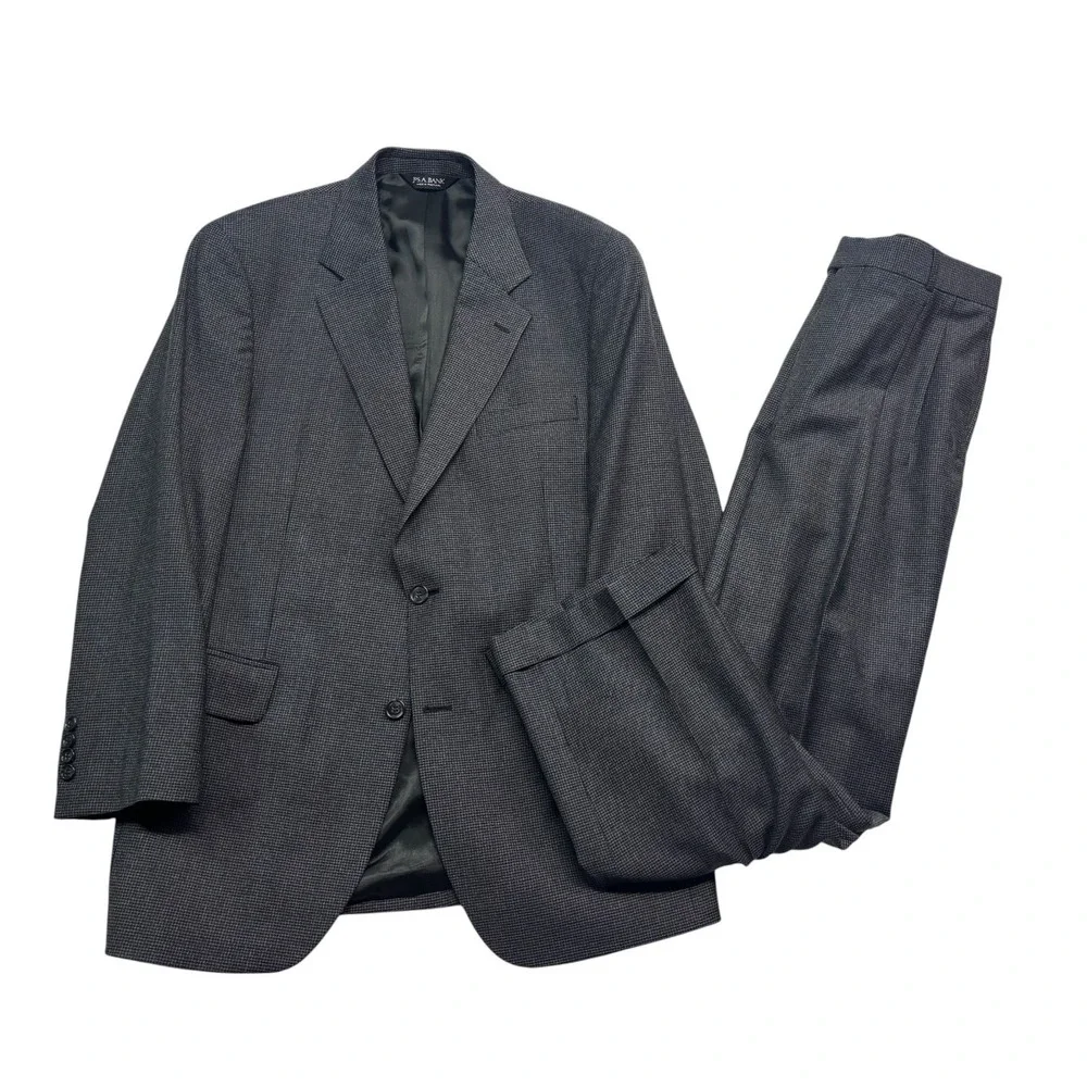 Jos A Bank 40R 32x30 Gray Black Micro Houndstooth 2pc Pant Suit Pleated Wool